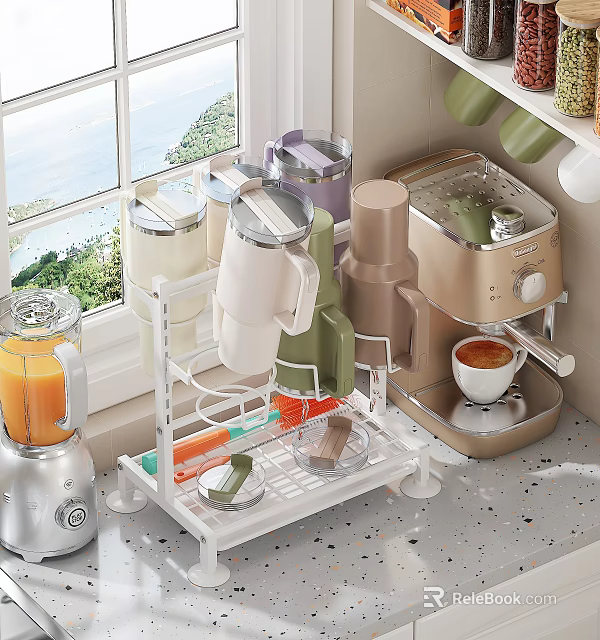 Organized Tableware Set Featuring Multi Colored Mugs And Storage Rack On Kitchen Countertop 3d model