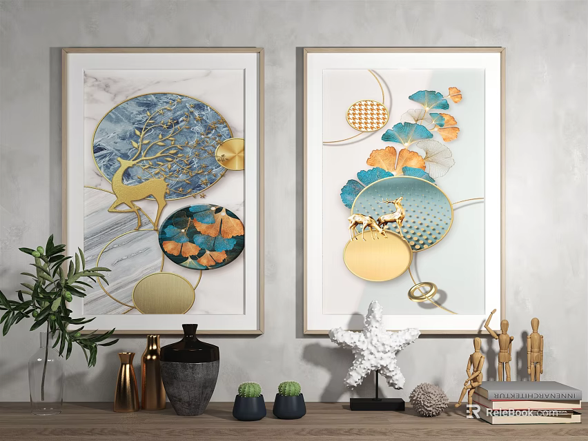 Modern Decorative Wall Paintings With Deer Geometric Patterns And Potted Plants 3d model