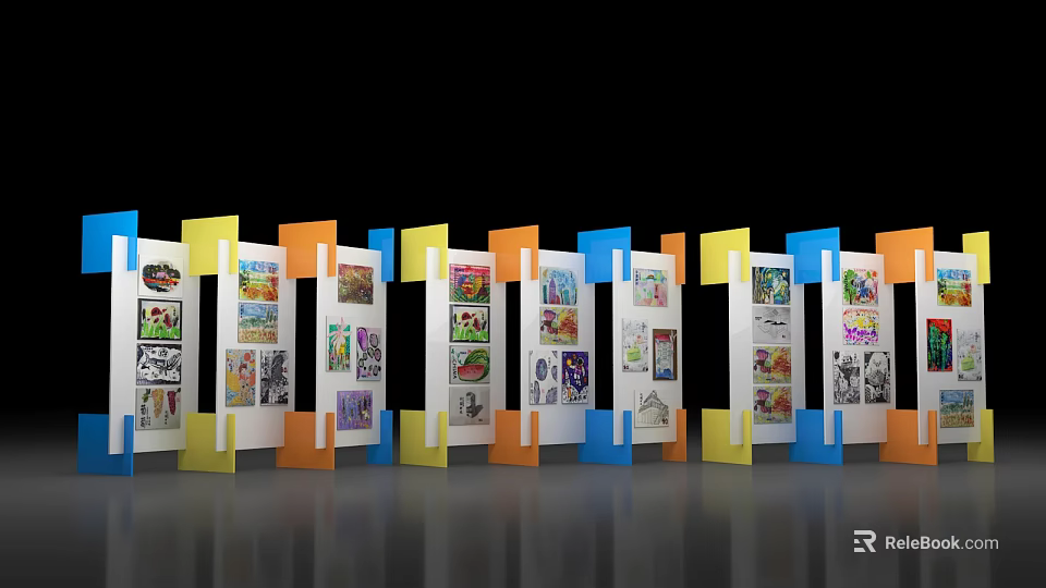 Art Installation Featuring Yellow Orange Blue Frames Displaying Artworks On Black Background And Gray Floor 3d model 