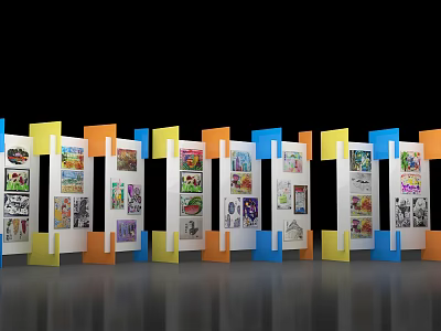 Art Installation Featuring Yellow Orange Blue Frames Displaying Artworks On Black Background And Gray Floor 3d model
