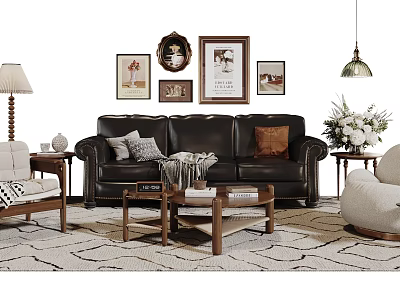 Black Leather Sofa With Pillows And Wooden Coffee Table In Living Room With Wall Art 3d model