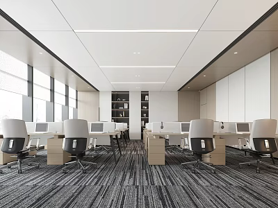 Spacious Modern Office Workspace With Desks Office Chairs Large Windows Bookshelves And Carpeted Floor 3d model
