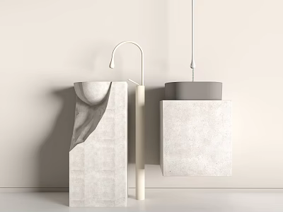 Minimalist Concrete Washbasin Design With Modern Faucet And Hanging Lamp 3d model