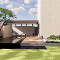 Modern Garden Landscape With Reflection Pool And Colorful Trees Near Seats