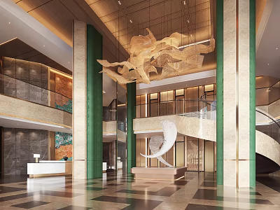 Modern Luxurious Hotel Lobby With Green Pillars Golden Sculptural Chandelier Spiral Staircase And Marble Decor 3d model