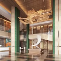 Modern Luxurious Hotel Lobby With Green Pillars Golden Sculptural Chandelier Spiral Staircase And Marble Decor