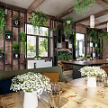 Open Space Restaurant With Wooden Ceiling Hanging Green Plants Pendant Lights And Red Brick Walls