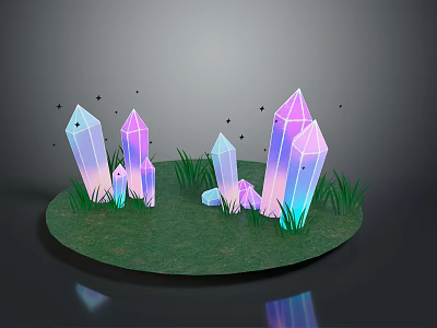 Colorful Pink Blue Gradient Crystals in 3D Rendered Scene With Green Grass 3d model