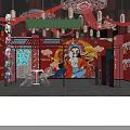 Traditional Chinese Interior With Red Decorations Lanterns Peking Opera Mural And Neon Sign