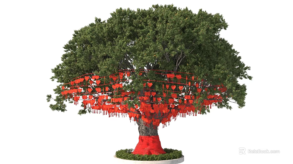 Arbor Tree With Green Foliage Red Wrapped Trunk And Red Heart Shaped Decorations On Branches 3d model 