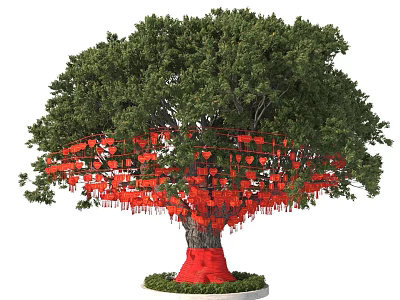 Arbor Tree With Green Foliage Red Wrapped Trunk And Red Heart Shaped Decorations On Branches 3d model