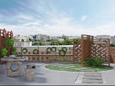 Roof Terrace Outdoor Space With Wooden Fence Stone Furniture And Green Plants 3d model