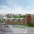 Roof Terrace Outdoor Space With Wooden Fence Stone Furniture And Green Plants