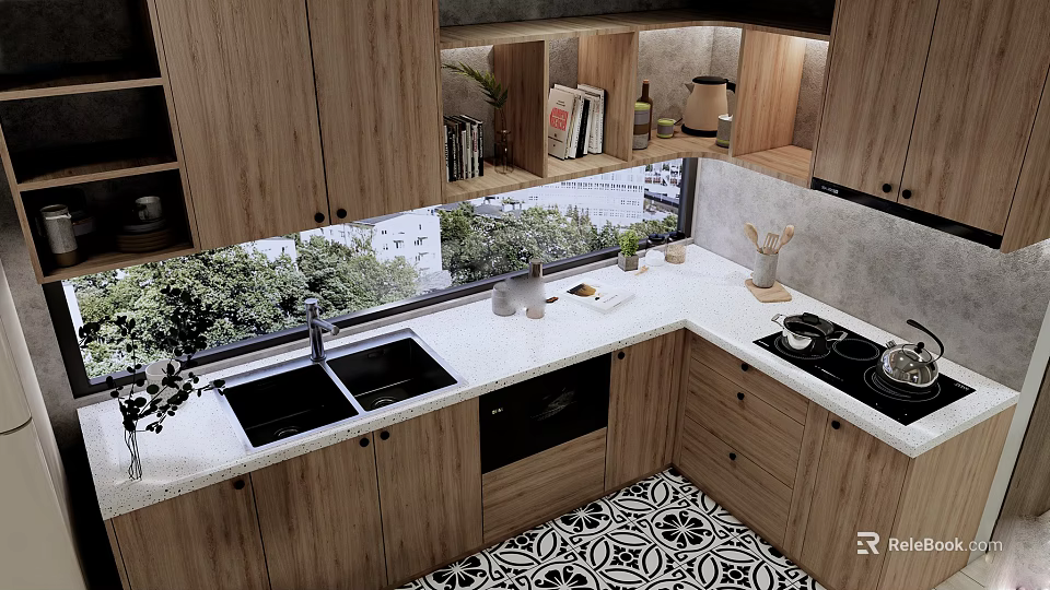 Wooden Cabinets Kitchen With White Countertop Sink Green Plants And Patterned Floor 3d model 