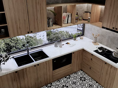 Wooden Cabinets Kitchen With White Countertop Sink Green Plants And Patterned Floor 3d model