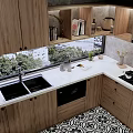 Wooden Cabinets Kitchen With White Countertop Sink Green Plants And Patterned Floor