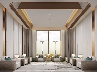 Elegant Modern Reception Room Interior With Large Windows Curtains Sofas Coffee Tables And Area Rug 3d model