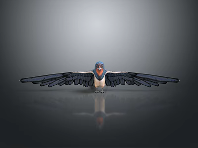 Detailed Bird With Spread Wings Blue Head Red Beak On Shiny Surface Gray Background 3d model