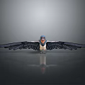 Detailed Bird With Spread Wings Blue Head Red Beak On Shiny Surface Gray Background