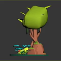Cartoon Style 3D Plant Model with Green Bulbous Body Orange Trunk and Small Blue Leaves