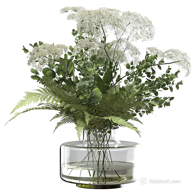 Transparent Glass Vase With White Flowers Green Leaves And Ferns Decorative Arrangement 3d model 