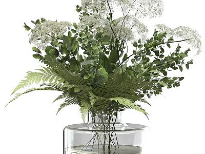 Transparent Glass Vase With White Flowers Green Leaves And Ferns Decorative Arrangement 3d model