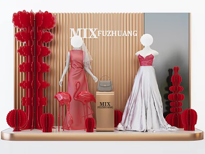 Stylish Mannequins in Pink and White Gowns with Red Decorative Elements at MIXFUZHUANG 3d model