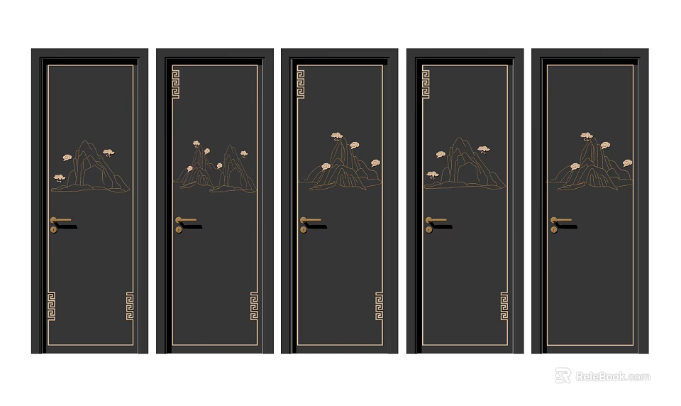 Black Hinged Doors With Golden Mountain Cloud Patterns And Decorative Frames 3d model