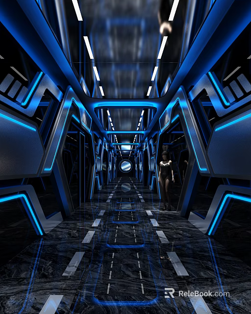 Futuristic KTV Corridor Design With Blue Lighting Metallic Texture And Mirror Walls 3d model 