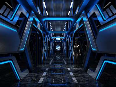 Futuristic KTV Corridor Design With Blue Lighting Metallic Texture And Mirror Walls 3d model