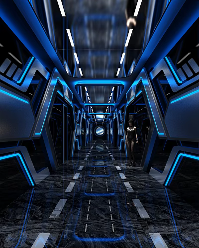 Futuristic KTV Corridor Design With Blue Lighting Metallic Texture And Mirror Walls 3d model