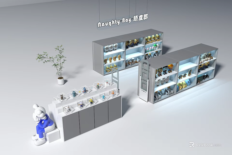 Naughty Boy Display Cabinets With Glass Doors Shelves Toy Collections And Decorative Plant 3d model 