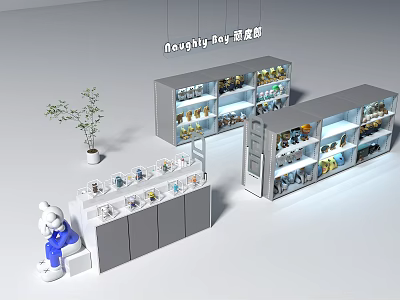 Naughty Boy Display Cabinets With Glass Doors Shelves Toy Collections And Decorative Plant 3d model