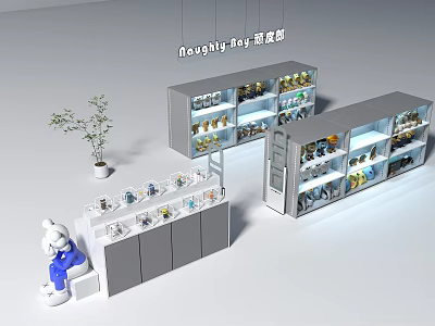 Naughty Boy Display Cabinets With Glass Doors Shelves Toy Collections And Decorative Plant 3d model