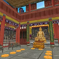 Ancient Chinese Architecture with Red Pillars and Carved Wooden Doors Revealing Golden Buddha Statue Inside