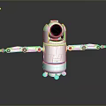 White Robot Character Featuring Round Head Black Lens Mechanical Arms Small Wheels On Dark Background