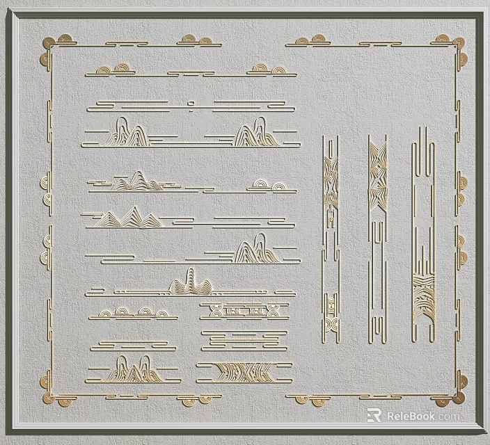 Golden Carved Decorative Patterns With Geometric Designs And Ornate Borders 3d model 