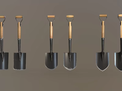 Durable Black Metal Shovels With Wooden Handles Arranged In A Row 3d model