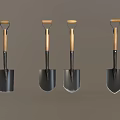 Durable Black Metal Shovels With Wooden Handles Arranged In A Row