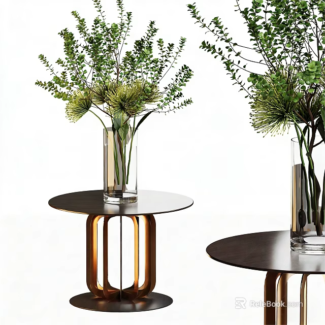 Bonsai Plants In Glass Vases On Small Round Tables With Green Foliage 3d model 