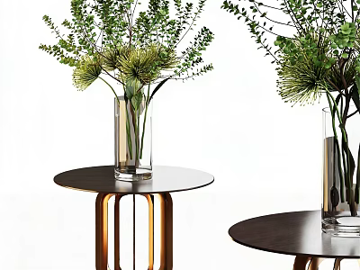 Bonsai Plants In Glass Vases On Small Round Tables With Green Foliage 3d model