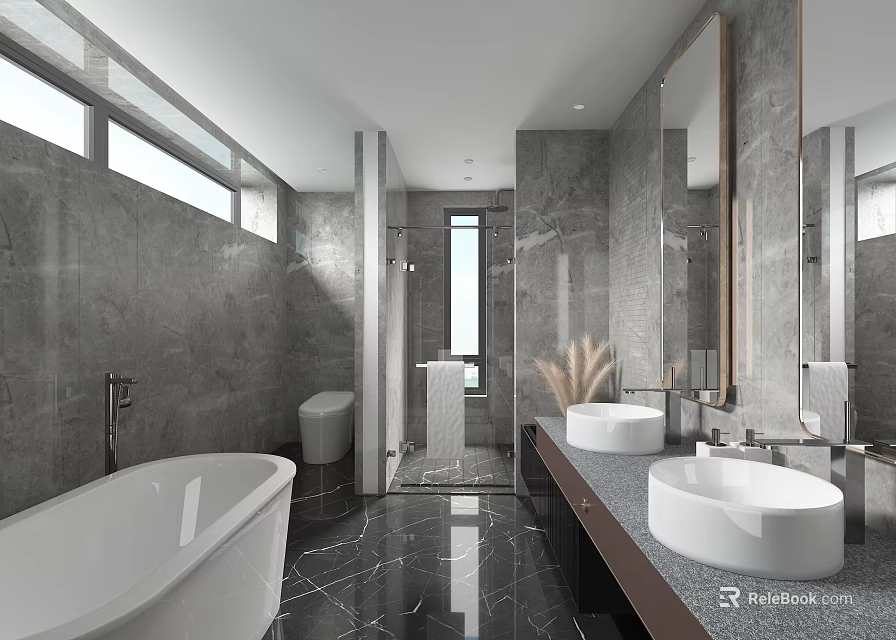 Modern Bathroom Interior With Gray Marble Walls Flooring Bathtub Double Sink Vanity And Large Mirror 3d model 