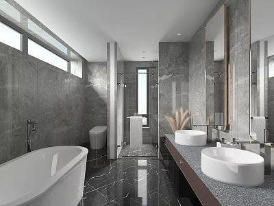 Modern Bathroom Interior With Gray Marble Walls Flooring Bathtub Double Sink Vanity And Large Mirror 3d model