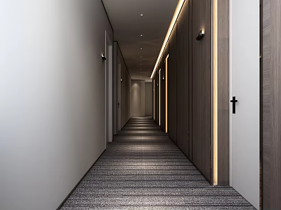 Modern Hotel Corridor With Textured Carpet Light Colored Walls Wooden Doors And Warm Lighting 3d model
