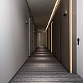 Modern Hotel Corridor With Textured Carpet Light Colored Walls Wooden Doors And Warm Lighting