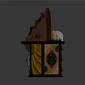 Decorative Wooden Counter With Ornate Carvings Boxes Book And Glass Bottles