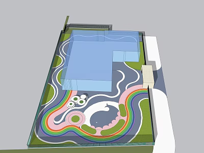 Vibrant Garden Landscape With Blue Water Curved Paths Rainbow Colors Green Lawns And Whale Feature 3d model