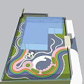 Vibrant Garden Landscape With Blue Water Curved Paths Rainbow Colors Green Lawns And Whale Feature