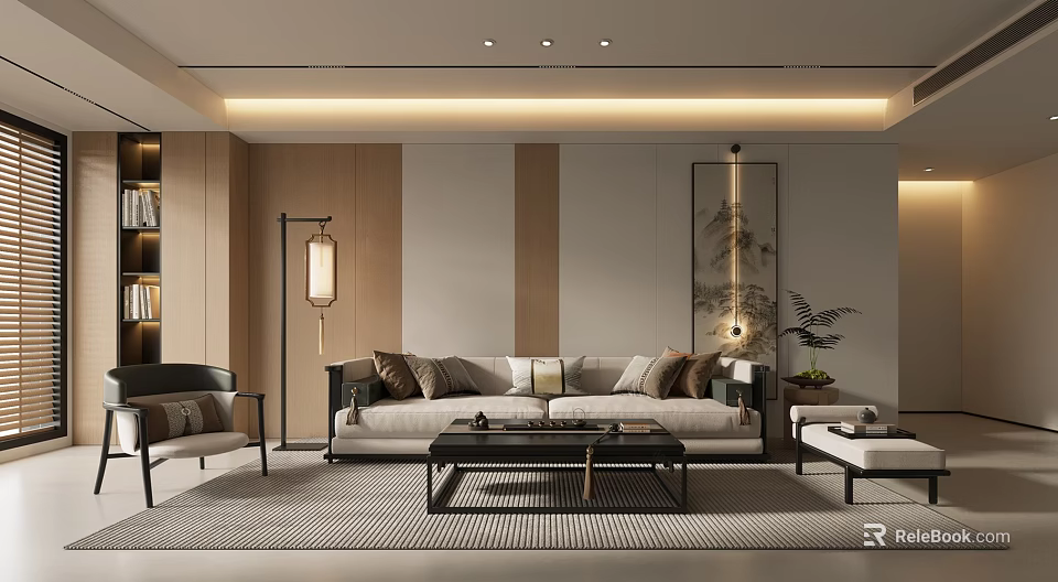 Modern Living Room Interior Design With Beige Sofa Brown Cushions And Wooden Walls 3d model 