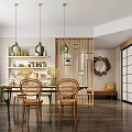 Modern Dining and Living Room Interior With Green Chandelier Sofa Yellow Chair And Coffee Table